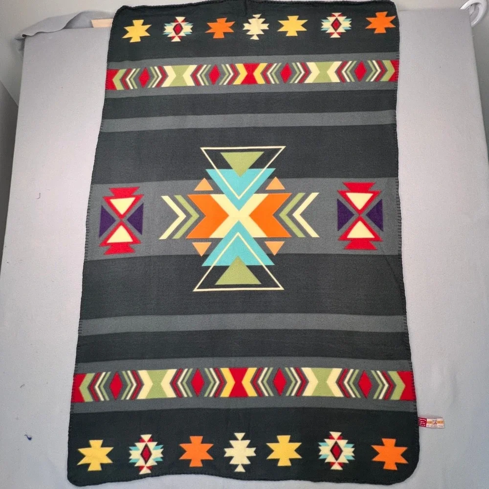 St. Labre Indian School Fleece Throw Blanket 39x60 Grey Southwestern Boho Aztec